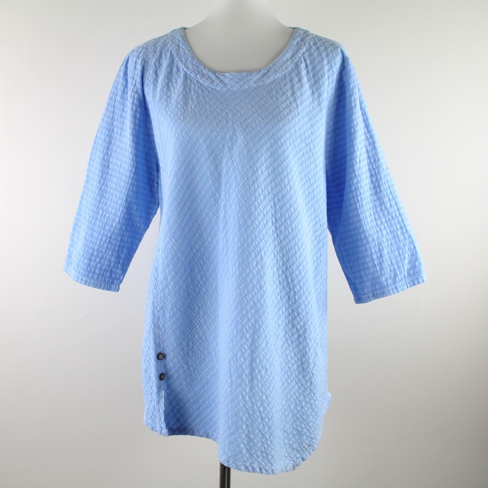 Focus Casual Life Blue Cotton Seersucker Scoop Neck Asymmetrical Tunic Top M